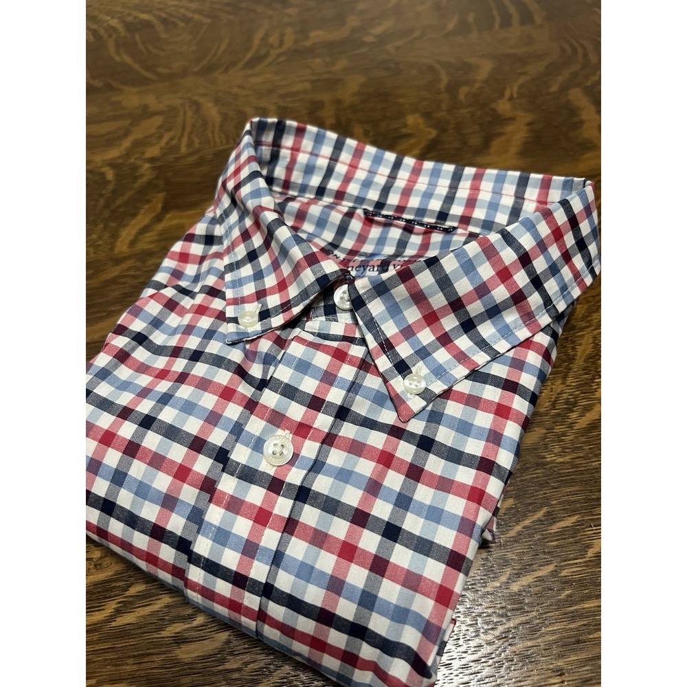 Vineyard Vines Mens XL OTG Brrr Gingham Button Down Shirt Red Blue Performance